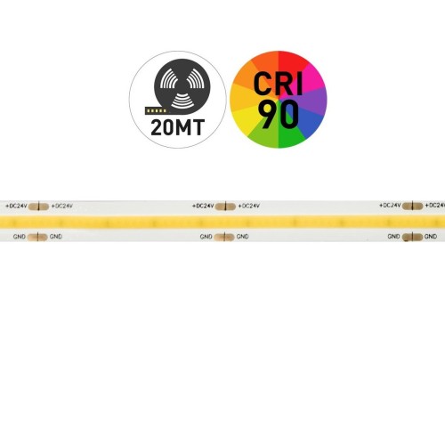 Striscia LED 20 Mt COB 24V 480 LED/mt IP20 1.050 Lm/Mt PCB 8mm Professional Line